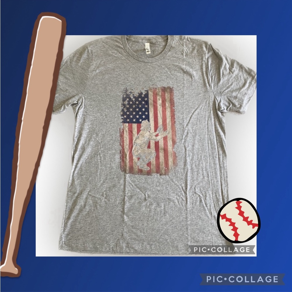 (NWOT) Baseball, Catcher, US Flag, Men’s T-shirt, Gray, Sz L